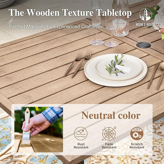 HERA'S HOUSE Patio Table and Chairs for 6, 7 Pieces Outdoor Deck Dining Sets, Wood-Like Rectangular Metal Table Set with Chairs for Lawn Garden Backyard, Red