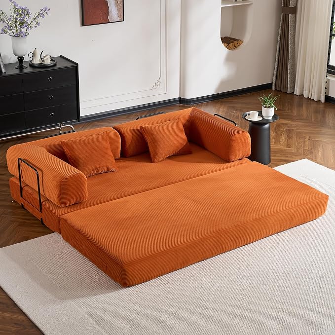 ZEIINPA Convertible Folding Couch Bed, Comfy Corduroy Sleeper Floor Sofa Bed with Fixed-Shape Frame, Floor Sofa with Armrest, Lounge Couch for Living Room Bedroom Lounge Studio, Orange