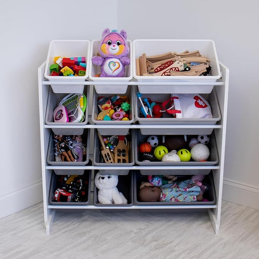 Humble Crew Toy Storage Organizer with 12 Removable Storage Bins for Kids Playroom, 4-Tier Toddler Toy Organization, White/Grey Gradient