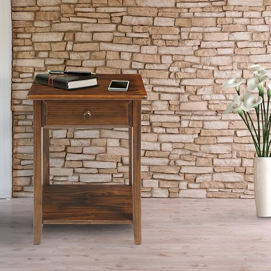 Casual Home Owl Night Stand with USB Port Charging Station and Drawer, 17.5"W x 14.25"D x 24.5"H, Warm Brown