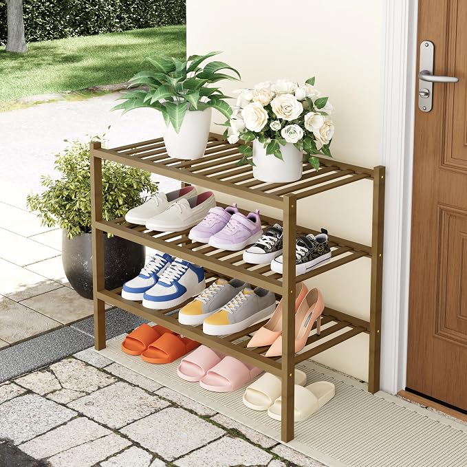 Smiry Bamboo Shoe Rack, 3 Tier Free Standing Wooden Shoe Organizer, Stackable Wood Shoe Storage Shelf for Closet, Entryway, 14 Vertical Slats, 2+1 Stack Heavy-Duty Legs, 26.8"x11"x19.5", Walnut