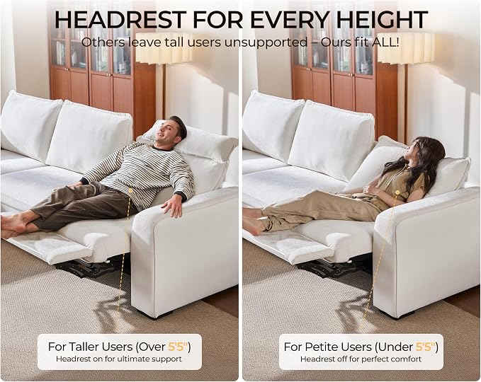 138.6'' Oversized Power Recliner Sofa with Headrest, Modular Cloud Sectional Couch with Convertible Table, Charging, Drawer, Cup Holder, 4-Seater with Storage Ottoman, Chenille, White