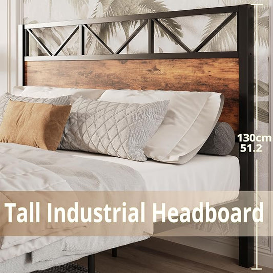 LIKIMIO Queen Bed Frame, Tall Industrial Headboard 51.2 ", Platform Bed Frame with Strong Metal Support, Solid and Stable, Noise Free, No Box Spring Needed, Easy Assembly, Vintage Brown