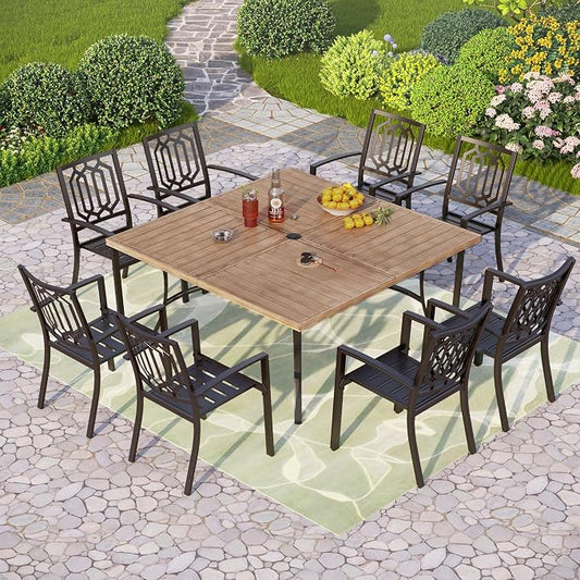 PHI VILLA 9 Pieces Outdoor Dining Set for 8, 57.5" Brown Square Iron Table with Umbrella Hole & Stackable Black Metal Steel Chairs, Large Outside Furniture Set for Patio, Deck, Yard, Porch