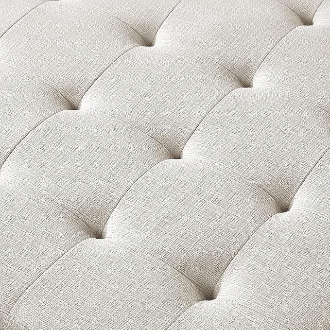 24KF Large Square Upholstered Tufted Linen Ottoman Coffee Table, Large Footrest Ottoman with Solid Wood Shelf-Ivory