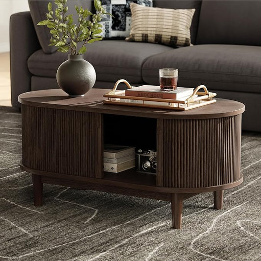 LINSY HOME Oval Coffee Table, Wood Coffee Table with Storage, Fluted Accent Center Table with Sliding Tambour Door, 39" Mid Century Modern Coffee Tables for Living Room, Bedroom, Apartment, Walnut