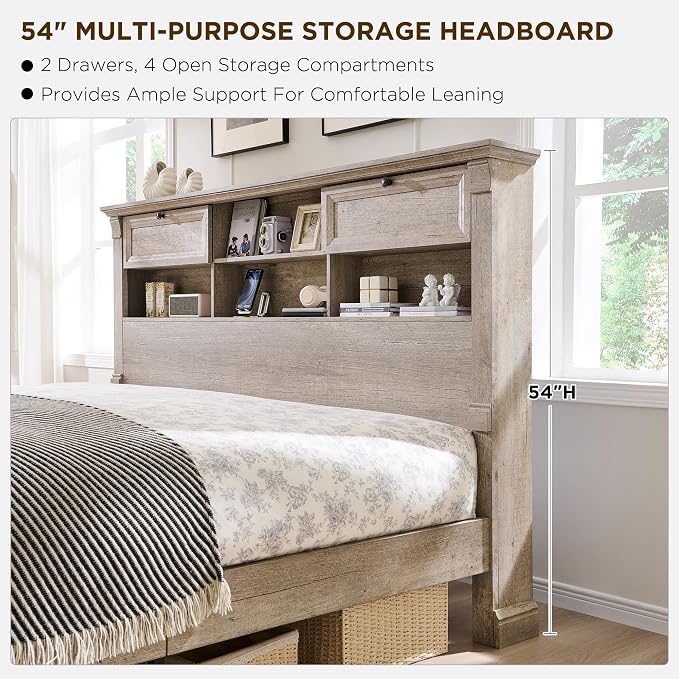 Farmhouse King Size Bed Frame with 54" Tall Storage Bookcase Headboard, 18" Roman Column Decoration Footboard,2 Drawer & 4 Storage Rack, Wood Platform Bed Frame, No Box Spring Needed(Light Rustic Oak)