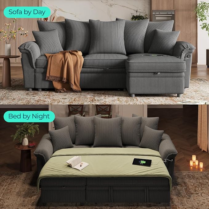 LINSY HOME 90.5'' Sectional Sleeper Sofa with Pull Out Couch Bed Modular (Gray, 90.5'') | USB Charging