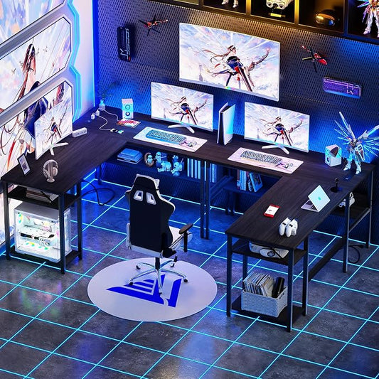 Unikito Reversible L Shaped Desk with Magic Power Outlets and USB Charging Ports, Sturdy Corner Computer Desk with Storage Shelves, Gaming Table Home Office Desk, Easy to Assemble, Enoch Walnut