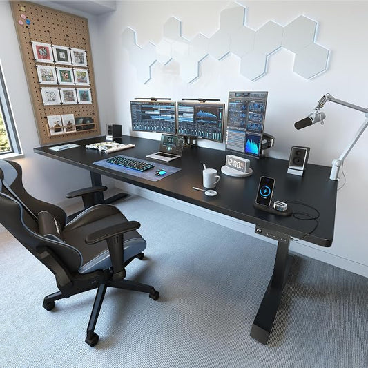 FEZIBO 63 x 37 Inch Electric Standing Desk with Integrated Dual-Beam & Cable Management, Memory Height Adjustable Computer Desk for Home Office Workstation, 1" Thick Large 3-Piece Tabletop Black