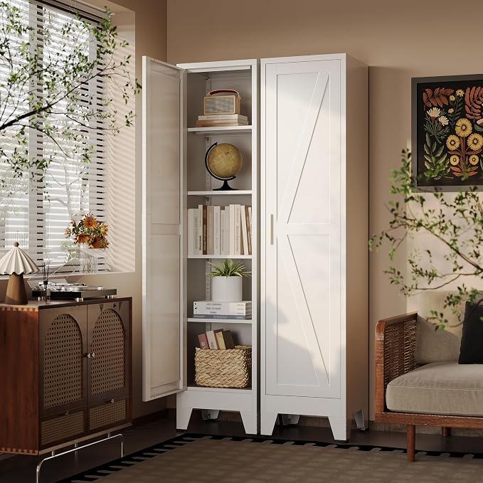 67“H Narrow Pantry Cabinet,Tall Skinny Pantry Storage Cabinet with Adjustable Shelves,Metal Narrow Kitchen Storage Cabinet,Slim and Thin Pantry Cabinets for Living Room Dining Room, White