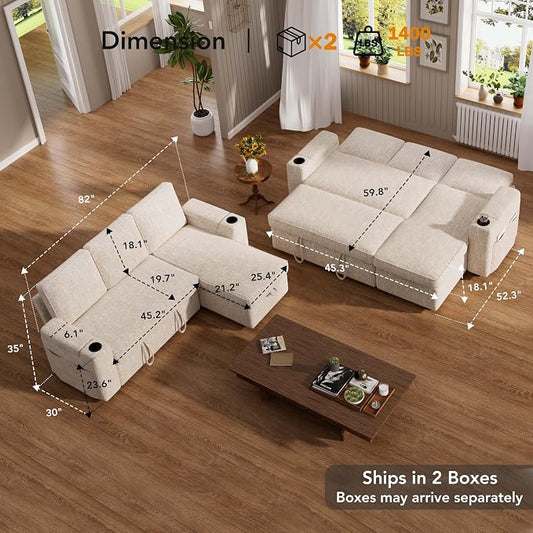Vipbear Sleeper Sofa Bed, 82" Pull Out Couch with Reclining Backrest/Reversible Storage Chaise, 3 in 1 L-Shaped Couch with Armrest Storage | Cup Holder | Side Pocket | Tool-Free Assembly | Beige