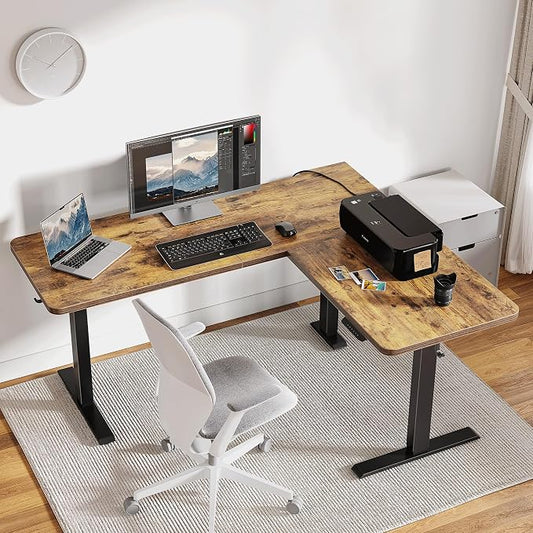 Cubiker L Shaped Standing Desk, 63" Electric Height Adjustable Corner Standing Desk L Shape, Sit Stand Home Office Desk with Splice Board, Rustic Brown Top