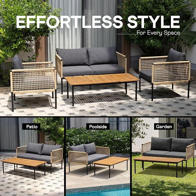 Idzo Oscar Wicker Metal Loveseat with Coffee Table – Black, 2-Seater Outdoor Sofa Set for Small Patios, Balcony or Garden, Heavy-Duty Love Seat Couches for Relaxing and Entertaining