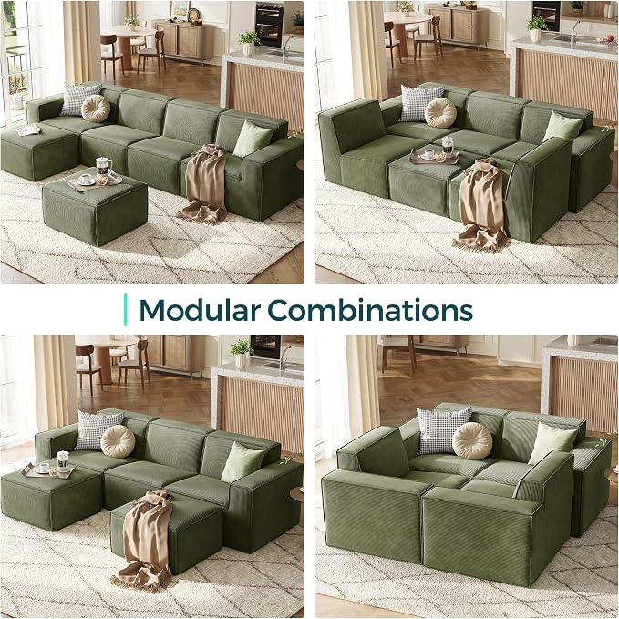 LINSY HOME Modular Sectional Sofa Sets, 105" Boneless 3-Seat Sofa Bed, Large Corduroy Sectional Cloud Couches for Living Room, No Assembly Required, Green