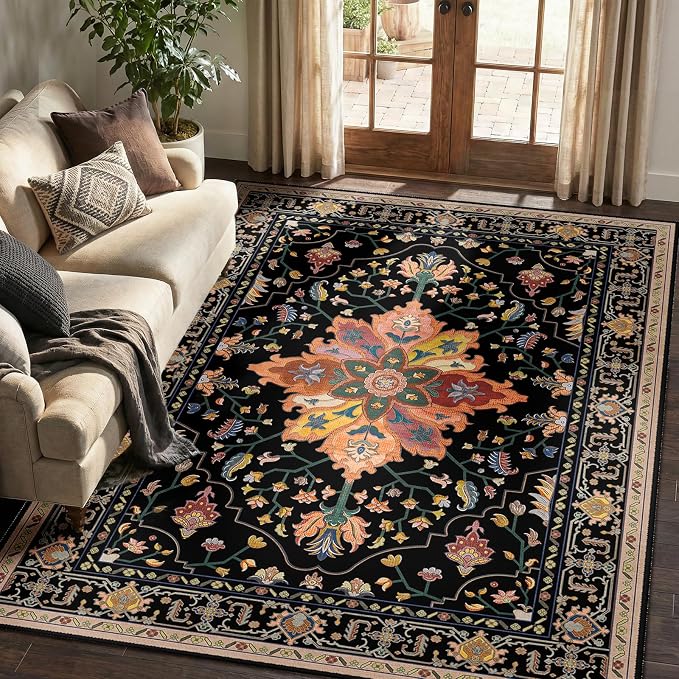 RELEANY Area Rugs 5'x7' Washable Non-Slip, Floral Vintage Distress Medallion Carpet for Living Room Bedroom Dining Room, Black Colorful Floral Dark Tan
