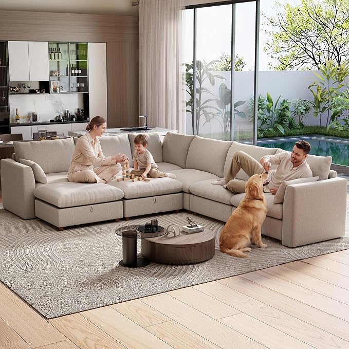 Ihanherry 146" Oversized Modular Sectional Sofa, Modern V Shaped Cloud Couch with 2 Storage Ottoman, 8-Seat Comfy Chenille Deep Seat Sofa with 2 Pillows for Living Room, Khaki