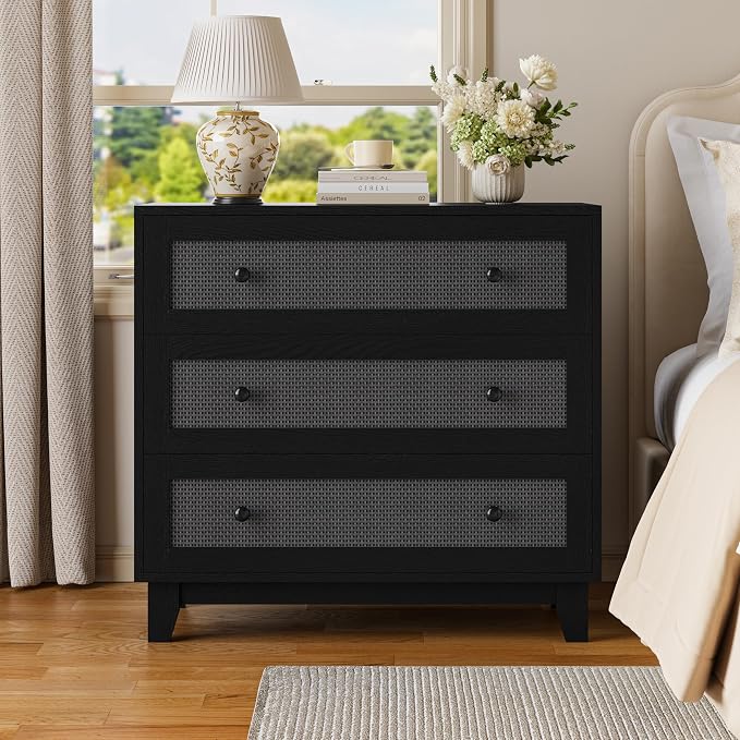 Rattan 3 Drawer Dresser for Bedroom, Small Boho Black Dresser with Wood Handles, Wood Nightstand, 29.52" Wide Modern Dresser, Chests of Drawers for Living Room, Entryway, Hallway