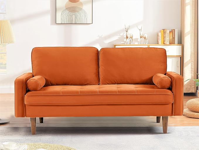 Container Furniture Direct Velvet Tufted Sofas for Living Room, Classic Mid-Century Style with Modern Silhouette, Button Tufting and Wood Legs, Includes 2 Bolster Pillows, Loveseat, Orange