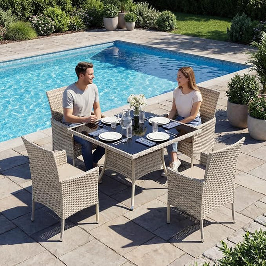 5-Piece Patio Dining Set, Patio Furniture Set with Square Tempered Glass Table & 4 Wicker Chairs, Expandable Design for Larger Groups, Outdoor Furniture for Backyard, Deck, Garden, Beige