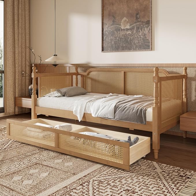Merax Twin Size Rattan Bed Frame with 2 Storage Drawers, Wood Bedframe Daybed for Bedroom, Guest Room, Limited Space, No Box Spring Needed, Antique Walnut