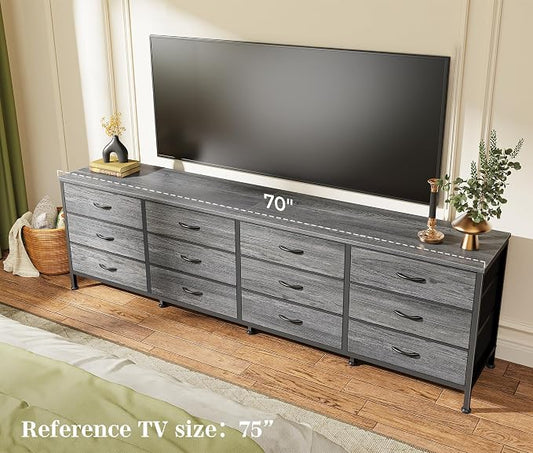 Huuger 70 Inch Dresser for Bedroom, TV Stand for 65, 75, 80 Inch TV, 12 Fabric Drawer Long Dresser, Large Storage Organizer Unit, Wide Chest of Drawer with Storage, for Living Room, Grey