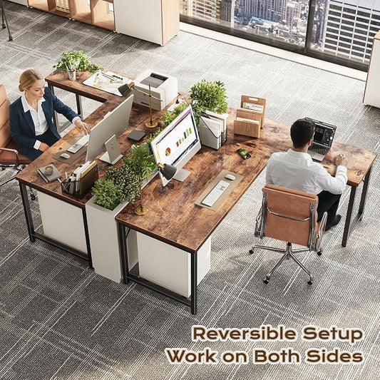 Huuger 55 Inch L Shaped Desk with Power Outlets and USB-C Port, 0.95 Inch Thicker Desktop, Reversible Computer Desk, Larger Office Corner Gaming Desk, Metal Frame, for Home Office, Study, Rustic Brown