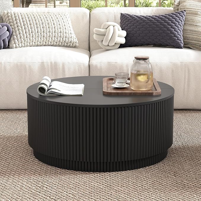 31.5" Round Coffee Table with Storage, Modern Accent Coffee Tables with Fluted Base, Wooden Circle Center Table for Living Room Small Space Apartment Office (Black)
