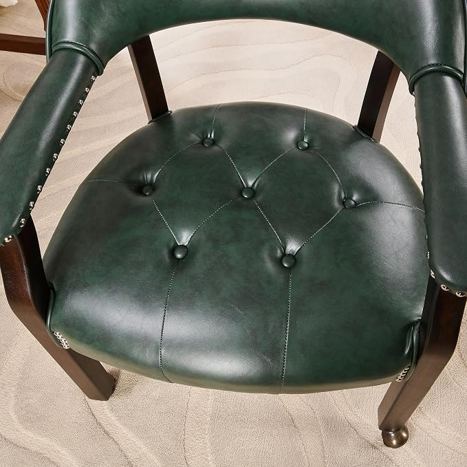 LEEMTORIG Set of 6 Large Dining Chairs with Casters and Arms, Rolling Dining Chairs with Wheels, Game Poker Chairs, Boss Caption's Chairs, 26" Dx25.2 Wx31.5 H, Espresso Legs & Green PU, XXY-1910-GN