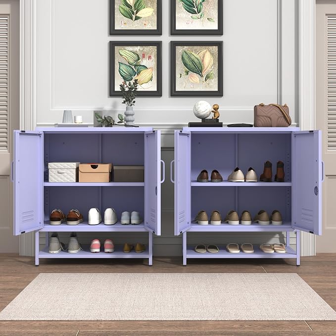 Three Tier Metal Shoe Cabinet for Home use Featuring Adjustable Shelves Multifunctional Two Door Storage Cabinet Suitable for entryways and hallways Purple Size: 13.8" D x 29.5" W x 33" H