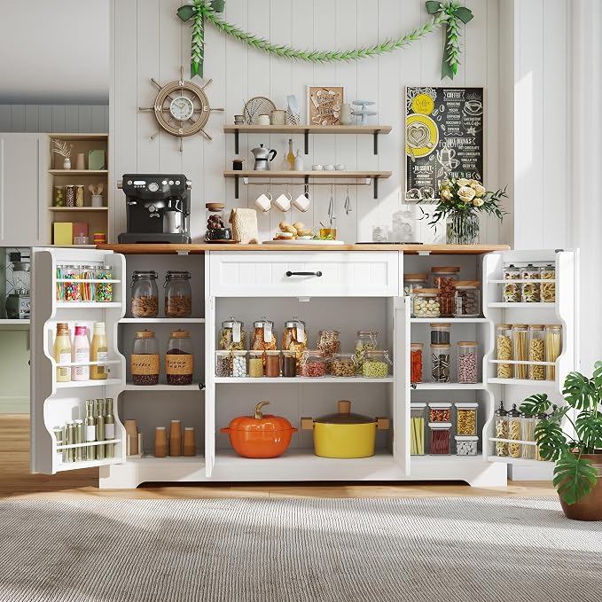 Gizoon 56" Kitchen Coffee Bar Cabinet with Storage Kitchen Sideboard Buffet Cabinet with Drawers, Short Pantry with Door and Shelves for Bathroom and Living Room, Painted White and Rustic