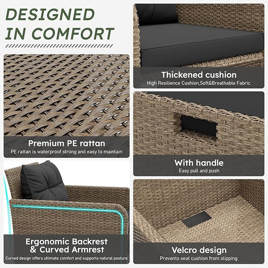 LHBcraft Balcony Furniture 5 Piece Patio Conversation Set, PE Wicker Rattan Outdoor Lounge Chairs with Soft Cushions 2 Ottoman-Glass Table for Porch