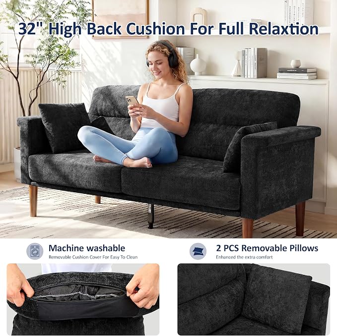 Vipbear 69" Loveseat Sofa,Modern Couches for Small Spaces,Black Chenille Love Seat Couch for Living Room,Bedroom,Apartment,Office,Deep Seat,Armrest Tabletop,Throw Pillow