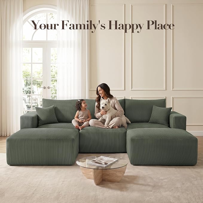 Living&Giving 115" Modular Cloud Boneless Couch, U Shaped Sectional Sofa with Chaise, Corduroy Floor Couch for Living Room, High-Density Foam & Firm Lumbar Support for Apartment,Green
