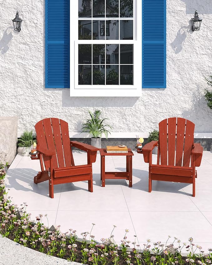 Garvee Folding Adirondack Chair Set of 2 with Side Table, HDPE Outdoor Patio Chair with Cup Holder, All Weather Resistent Wooden Textured for patios, Decks, Gardens, fire Pit, Red