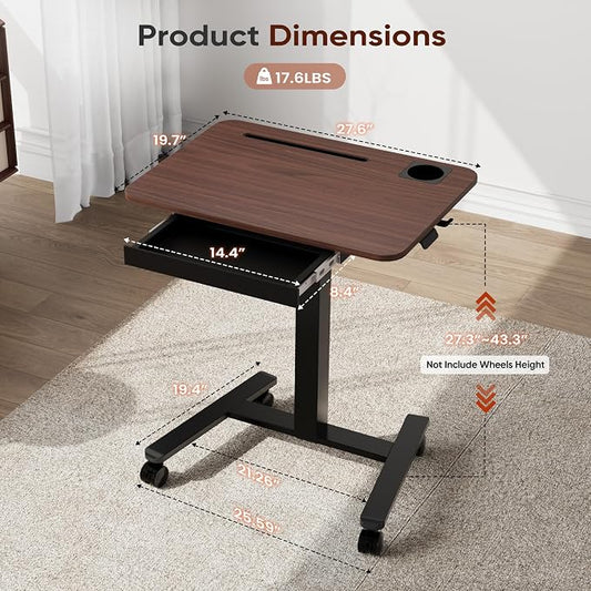 Monomi Mobile Standing Desk with Drawer, 28" Rolling Desk with Cup Holder and Hooks, Portable Laptop Cart on Wheels, Height Adjustable Workstation with Storage for Home Office, Walnut