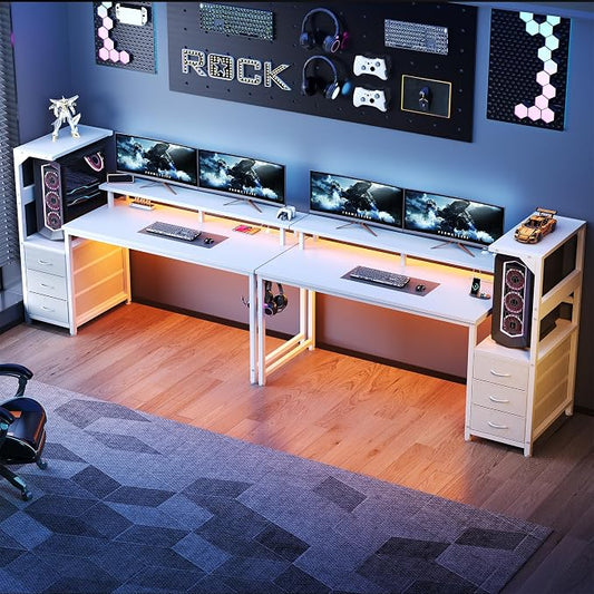 DUMOS 59” Gaming Desk with USB Charging Ports & LED Lights, Reversible Computer Desk with Drawers, PC Desk for Home Office Small Space, Gaming Table Fits PC Towers, White