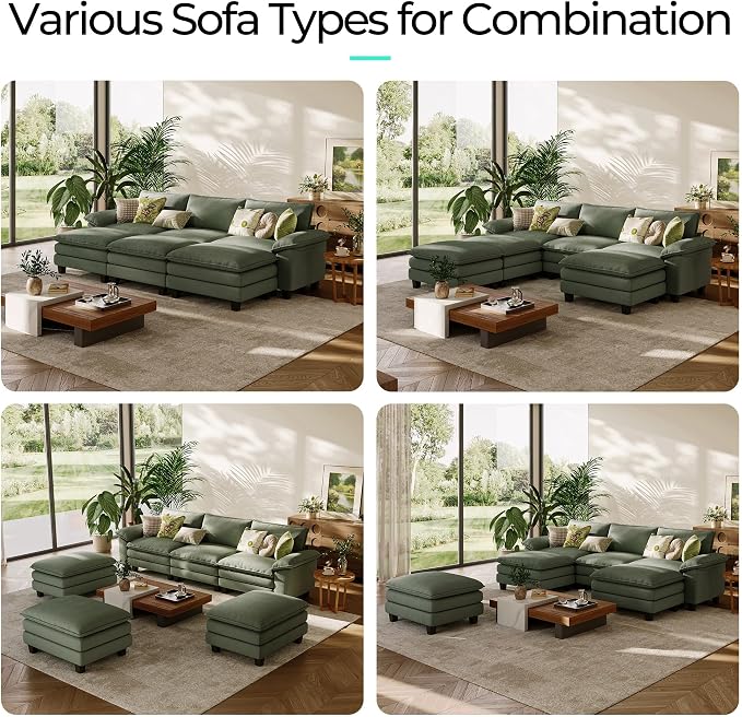 LINSY HOME 123'' Modular Sectional Sofa 3 Seat Couch Corduroy Cloud Couch with Deep Seat, Modern Cloud Couch with 3 Movable Ottoman for Living Room, Office, Bedroom, Green