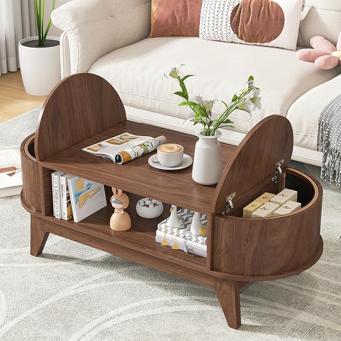 Coffee Table with Storage,Mid Century Modern Coffee Tables with 2 Flip-Top Hidden Lids,Fluted Coffee Table,Wood Center Tables for Living Room Home Office (Walnut Color)
