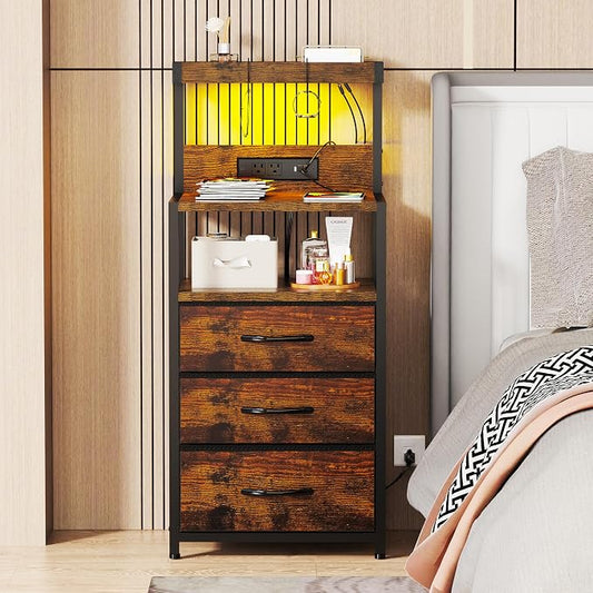 SZLHANJZ Night Stand, Nightstand with Charging Station, 3 Drawers Night Stand with Storage and LED Lights, 3 Shelves and Hooks, End Side Table for Bedroom, Rustic Brown
