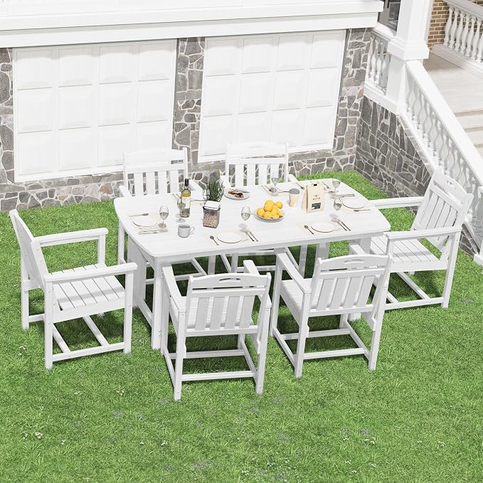 HDPE Outdoor Dining Set, Patio Table and Chairs Set, All-Weather 7-Piece Outside Table and 6 Chairs, 2" Umbrella Hole, Outdoor Furniture for Garden, Poolside, Backyard, Deck | White