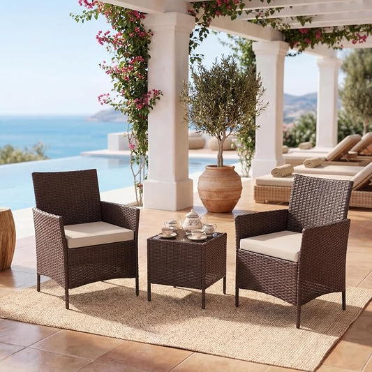 3 Piece Patio Furniture Set, Outdoor Patio Wicker Sofa Set with Upholstery and Glass Storage Coffee Table, All Weather Conversation Rattan Set for Garden, Porch, Lawn, Pool, Brown+White
