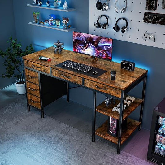 Sweetcrispy 55" Computer Desk with 6 Drawers, Home Office Gaming Desks with Storage Shelves for Bedroom, Writing Study Corner Living Room Work Table, Brown