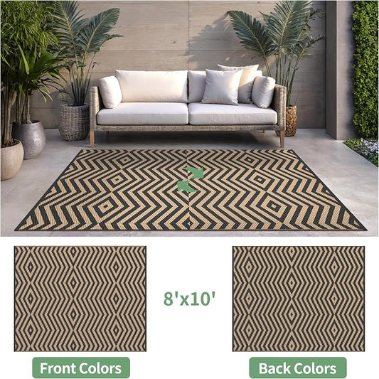 GENIMO Outdoor Rug for Patio Clearance, 8'x10' Reversible Plastic Straw Rugs, Lightweight Waterproof Modern RV Camping Mat for Camper, Balcony, Deck, Backyard, Picnic, Black Brown