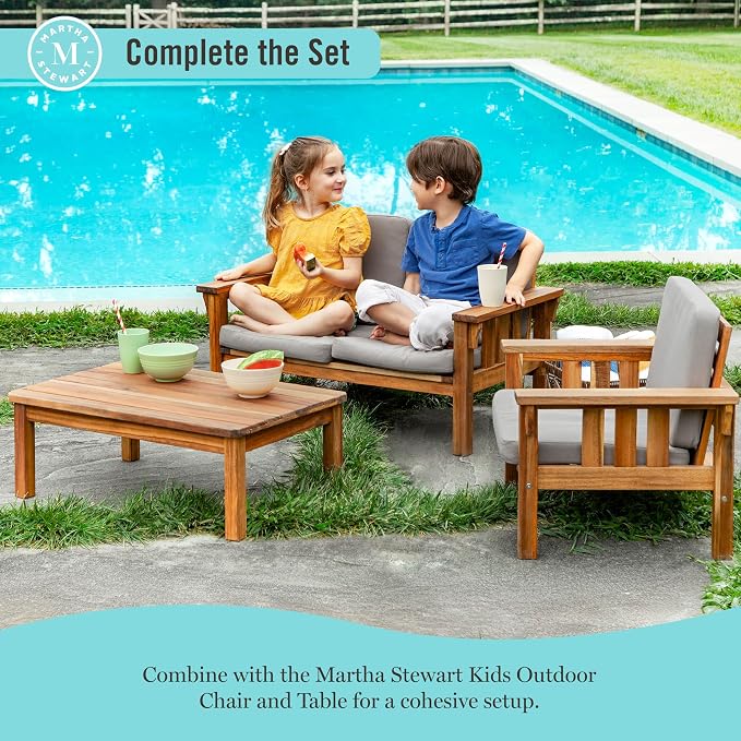 Martha Stewart Kids’ Outdoor Sofa Chair: Natural Acacia Wood Sofa Couch w/Gray Cushions for Indoor & Outdoor Spaces, 10" Seat Height | Kids’ Furniture for Garden, Patio & Backyard Picnics