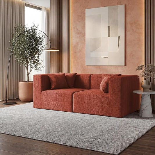 MONVANE 75" Loveseat Sofa, Comfy Chenille Modular Sectional Sofa with 4 Pillows, Modern Deep Seat Boneless Couch, 2 Seater Sofa for Living Room, Bedroom and Apartment, Rust Red
