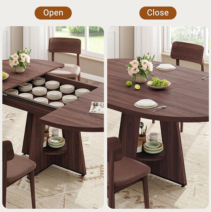 Extendable Dining Table, Round Kitchen Dining Room Dinner Table with for 4 6 8 People, Space Saving Modern Oval Expandale Furniture with Storage and Pedestal for Kitchen Living Room (Brown)