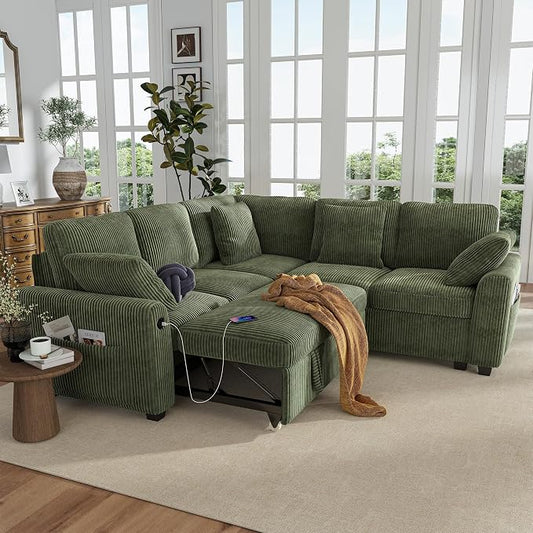 Hanherry Sectional Couch with Pull Out Sofa Bed,Corduroy Sleeper Sofa with 2 Seat Storage & USB Charging,Comfy L Shaped Modular Couches for Living Room,Apartment