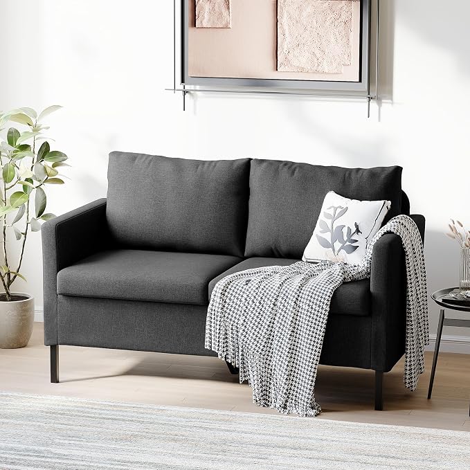 TYBOATLE Linen Fabric Modern Small Loveseat Sofa Couch for Living Room, 51" W Little Upholstered 2-Seater Mini Love Seats w/Iron Legs for Small Space, Apartment, Bedroom, Dorm, Office (Dark Grey)