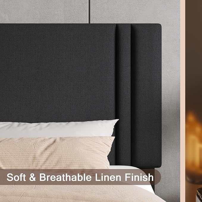 Einhomn Upholstered Full Size Bed Frame with Linen Fabric Headboard, Strong Wooden Slats Support, Noise Free, No Box Spring Needed, Black